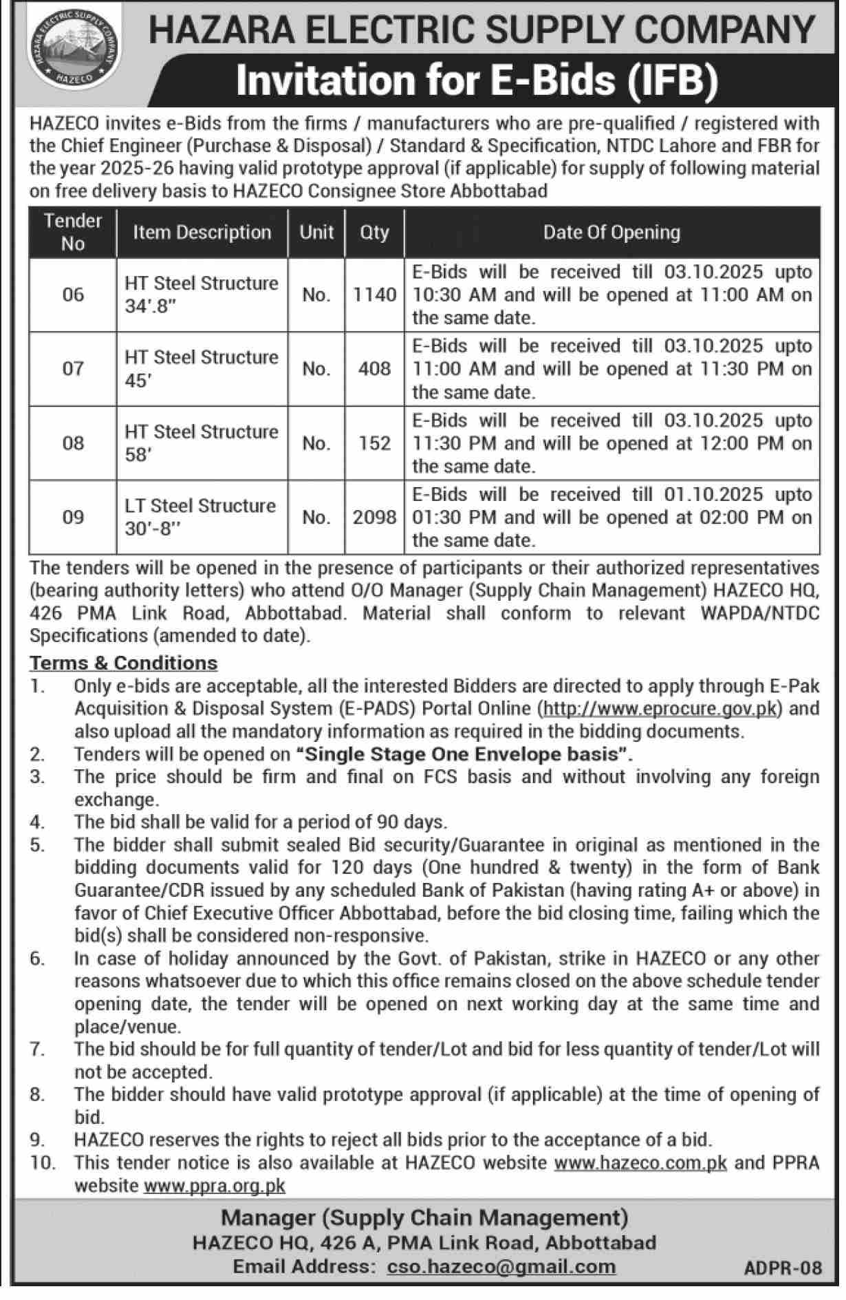 Hazara Electric Supply Company Tender Notice 1